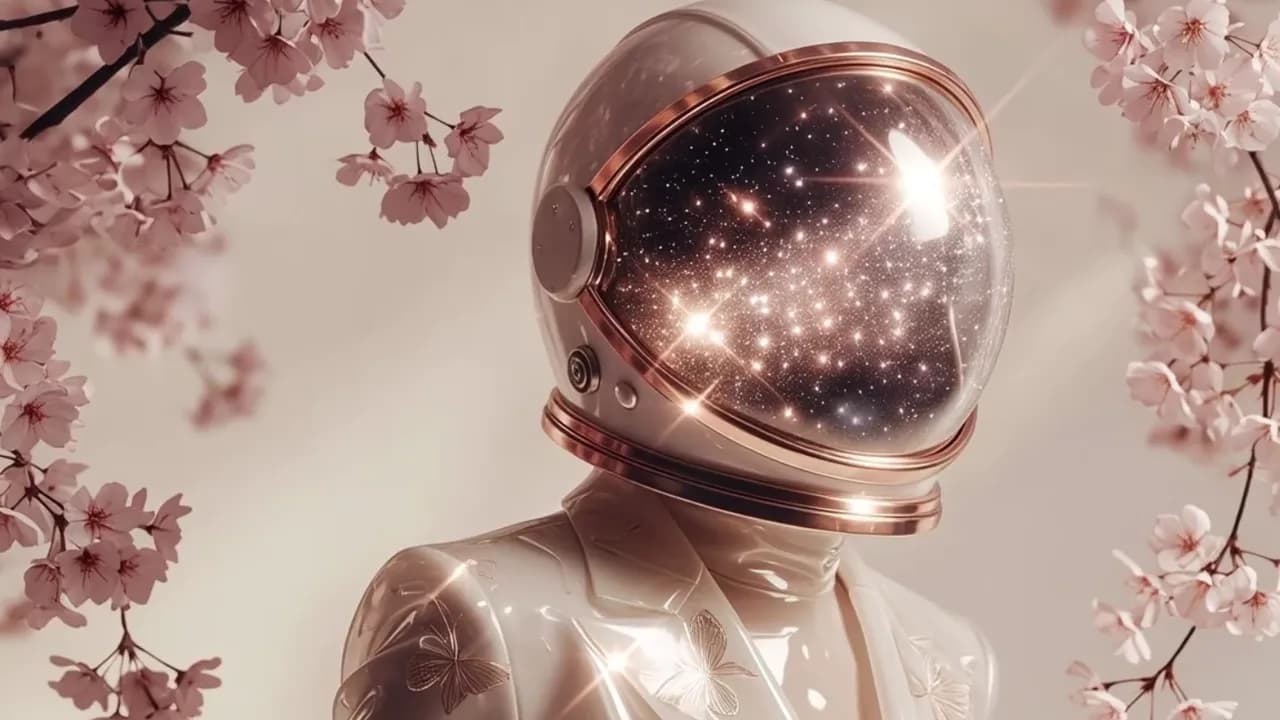 樱花与星空宇航员构成的 AI 创意影像